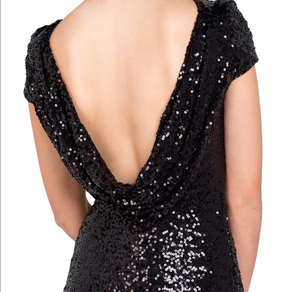 Badgley Mischka black sequin cowl back gown dress - Picture 3 of 9
